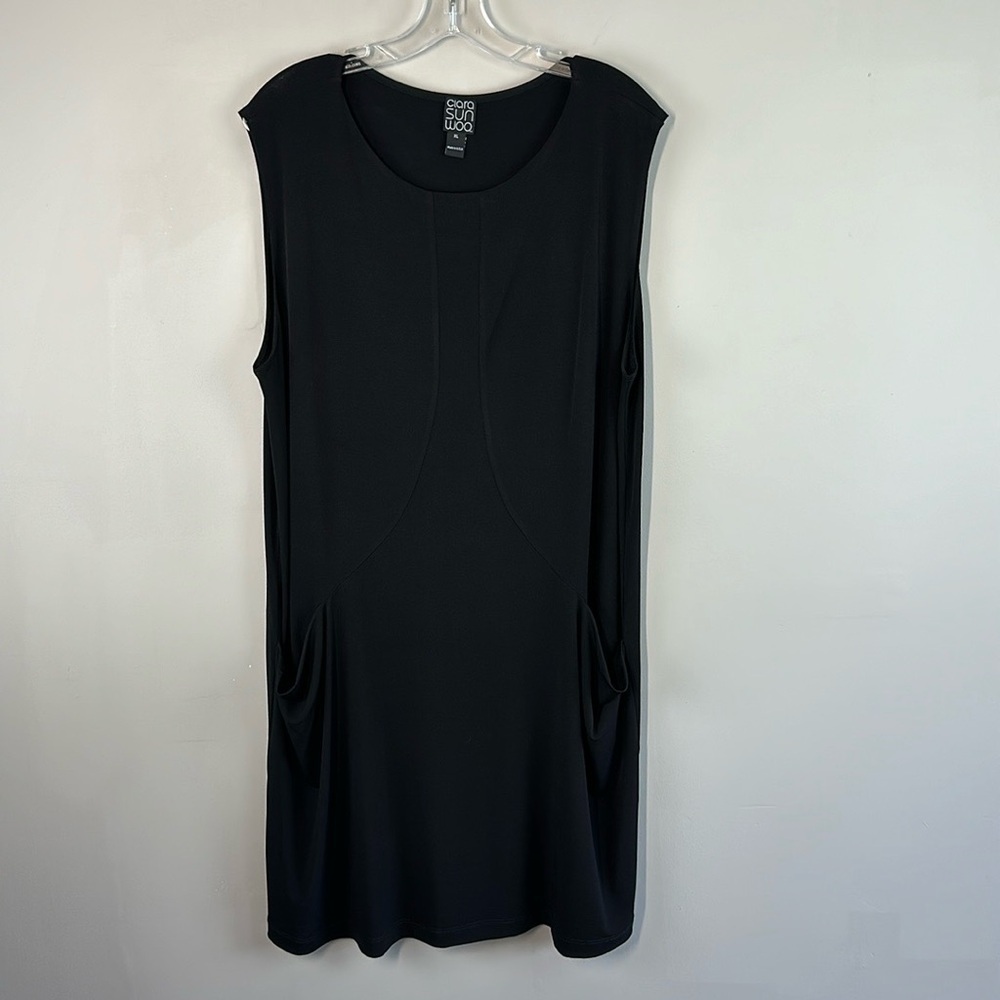 Clara Sun Woo Womens Black Jersey Dress Size XL Stretchy Patch Pocket Minimalist